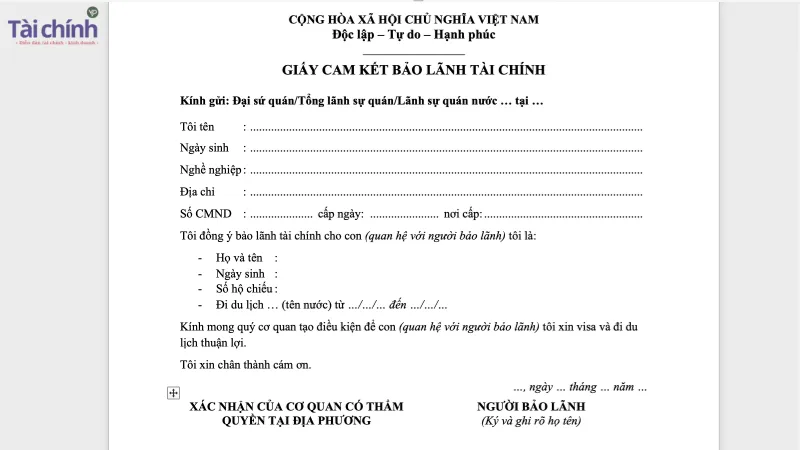 Mẫu giấy cam kết bão lãnh tài chính có xác nhận cơ quan thẩm quyền